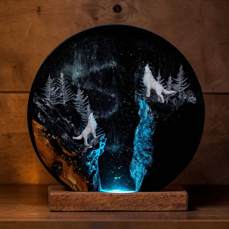 Epoxy Resin Lamp — Two White Wolves Howling in a Round Night Forest Disc, Wood Base - view 1