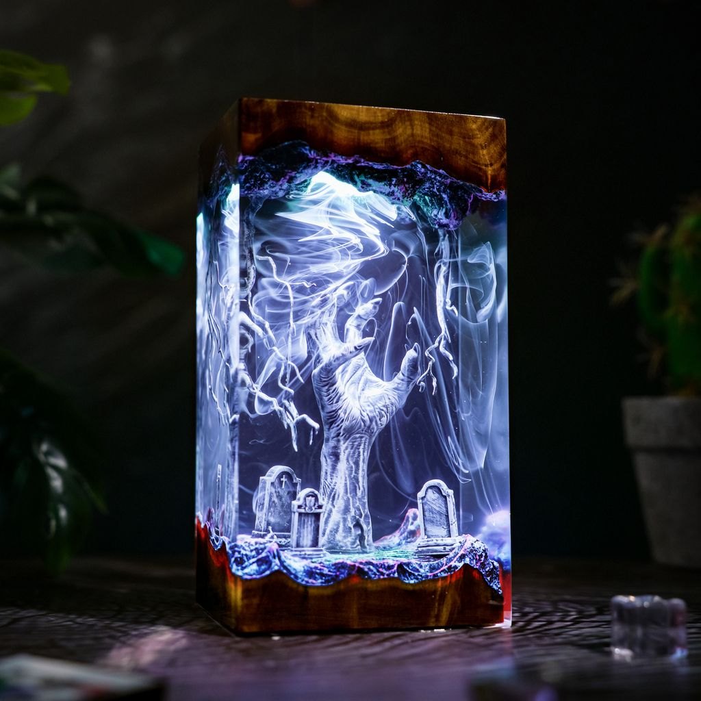 Zombie hand and tombstones resin lamp in lavender light