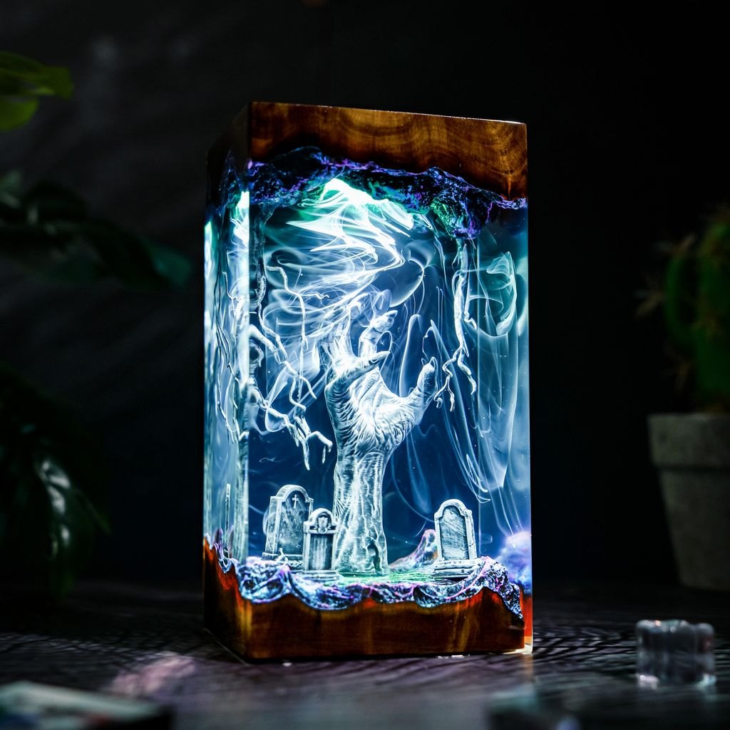 Halloween zombie hand resin lamp glowing icy cyan